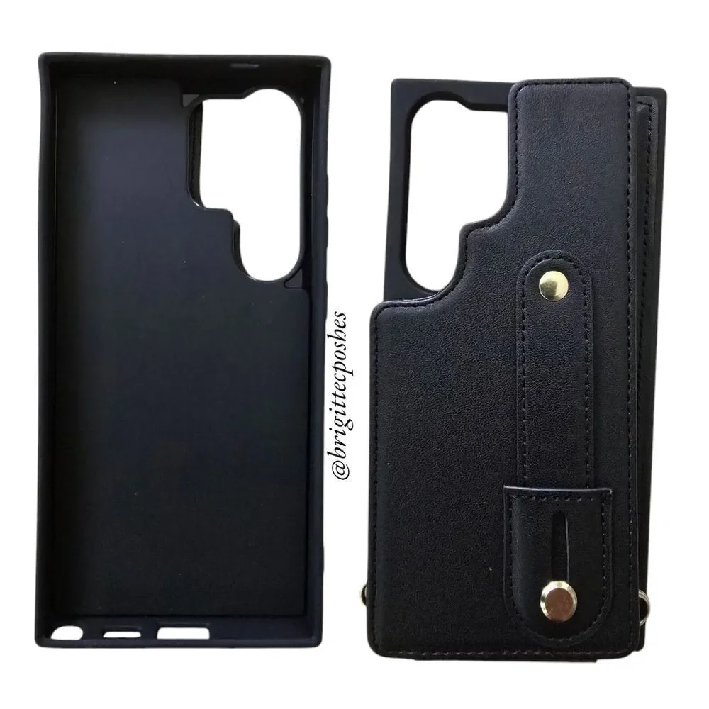 SAMSUNG GALAXY Black Phone Case Wallet Credit Card, Holder Wrist & Lanyard